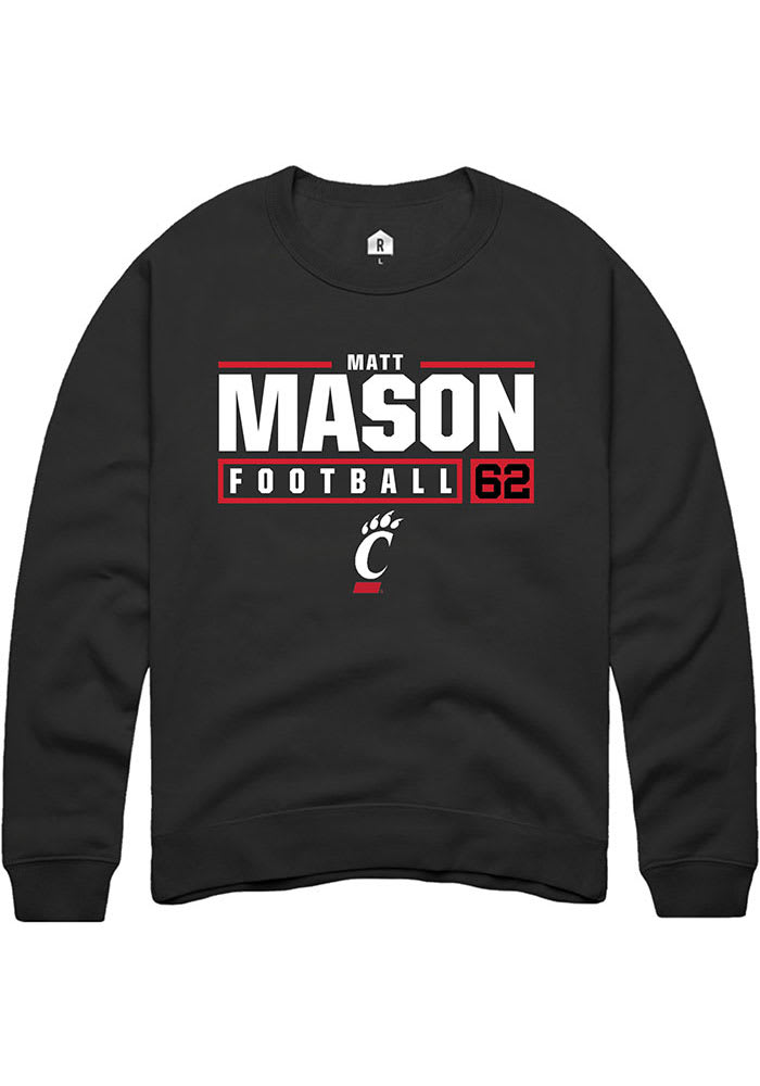 Matt Mason Rally Cincinnati Bearcats Mens Black NIL Stacked Box Long Sleeve Crew Sweatshirt
