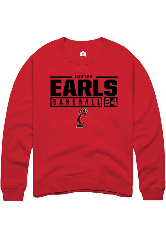 Carter Earls Rally Cincinnati Bearcats Mens Black NIL Stacked Box Long Sleeve Crew Sweatshirt