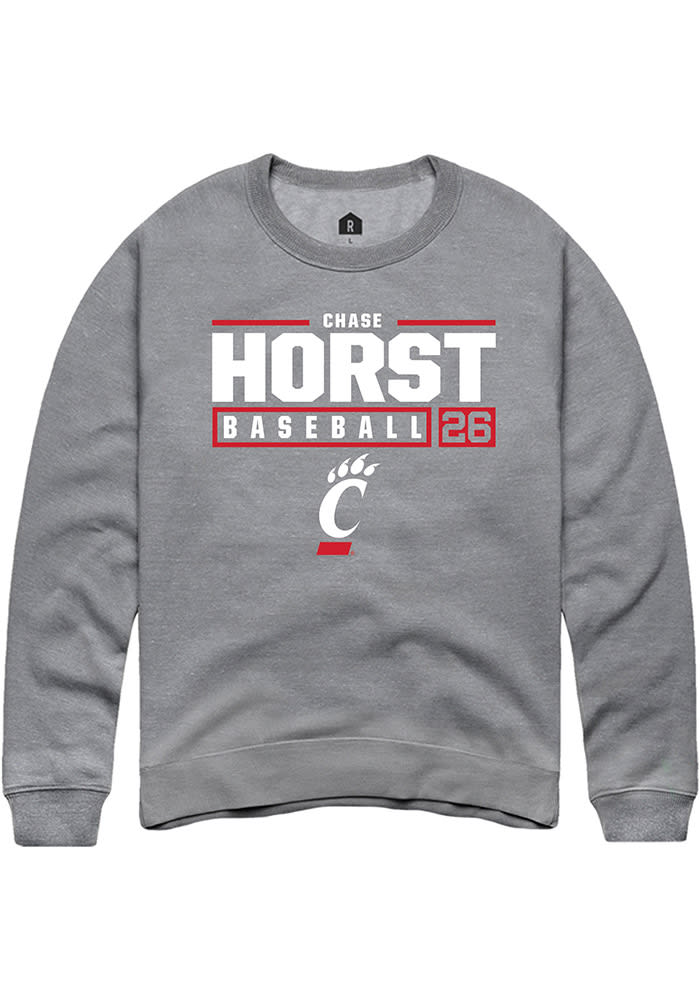 Chase Horst Rally Cincinnati Bearcats Mens Grey NIL Stacked Box Long Sleeve Crew Sweatshirt