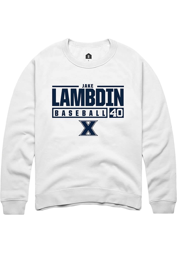 Jake Lambdin  Rally Xavier Musketeers Mens White NIL Stacked Box Long Sleeve Crew Sweatshirt