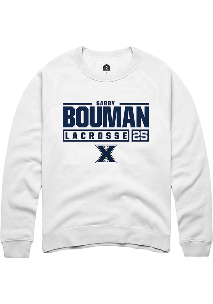 Gabby Bouman  Rally Xavier Musketeers Mens White NIL Stacked Box Long Sleeve Crew Sweatshirt