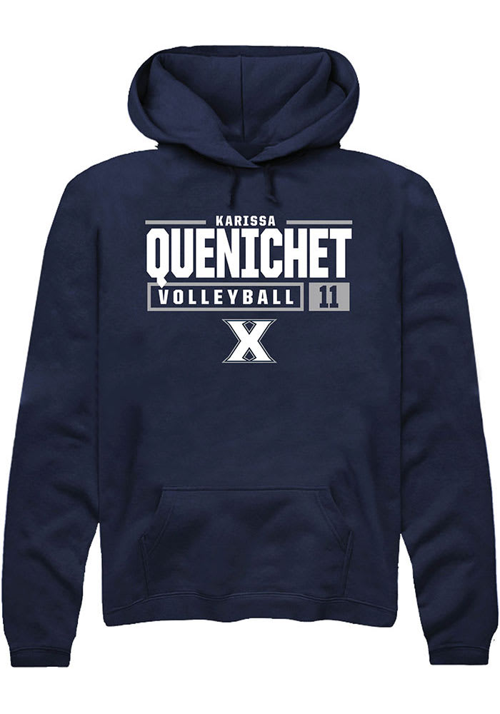 Karissa Quenichet  Rally Xavier Musketeers Mens Navy Blue NIL Stacked Box Long Sleeve Hoodie