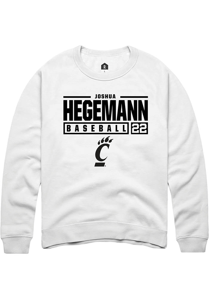 Joshua Hegemann Rally Cincinnati Bearcats Mens White NIL Stacked Box Long Sleeve Crew Sweatshirt