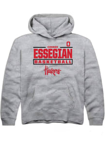 Connor Essegian Rally Youth Grey Nebraska Cornhuskers NIL Stacked Box Long Sleeve Hooded Sweatshir..