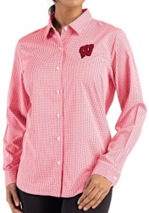Womens Wisconsin Badgers Red Cutter and Buck Epic Confidence Gingham Long Sleeve Dress Shirt