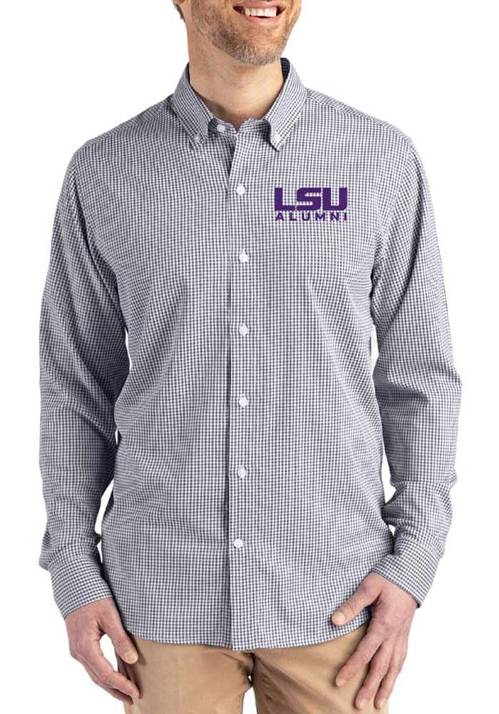 Cutter & Buck LSU Tigers Alumni Skyline Recycled Gingham Mens Big & Tall Long Sleeve Button Down Dress Shirt in Black/White | 4XT