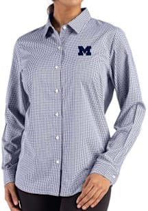 Womens Michigan Wolverines Navy Blue Cutter and Buck Epic Confidence Gingham Long Sleeve Dress Shi..