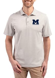 Mens Michigan Wolverines Ash Cutter and Buck Letterwinners M Club Virtue Eco Pique Stripe Short Sl..