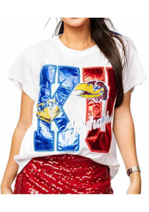 Queen of Sparkles Kansas Jayhawks Womens White Metallic Letters Short Sleeve T-Shirt