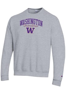 Champion Washington Huskies Mens Grey Grandma Script Powerblend Long Sleeve Crew Sweatshirt