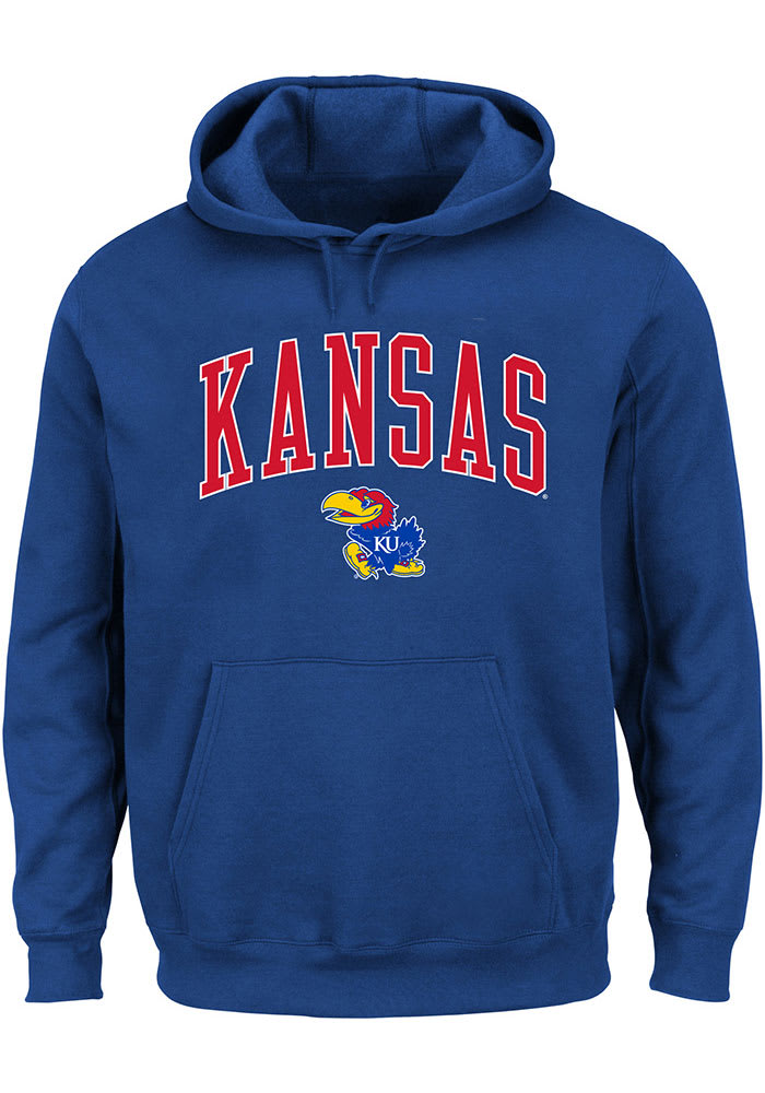 Kansas Jayhawks Mens Blue Arch Mascot Big and Tall Hooded Sweatshirt