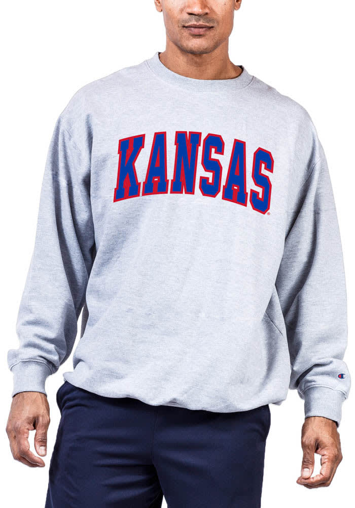 Kansas Jayhawks Mens Grey Reverse Weave Arch Name Big and Tall Crew Sweatshirt