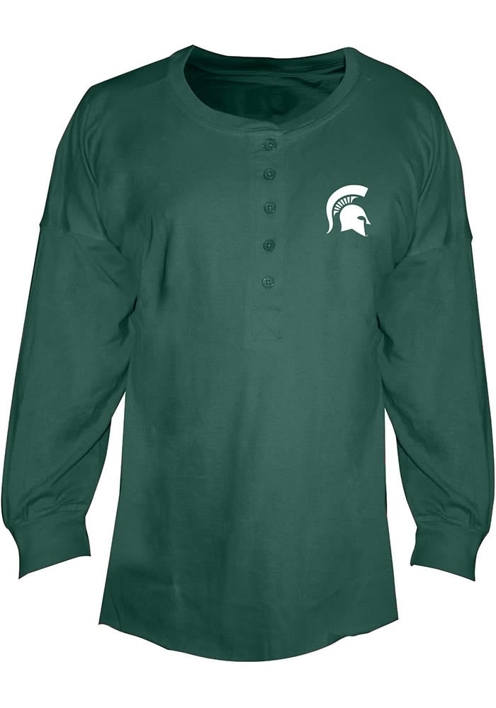 Michigan State Spartans GREEN Henley+ Long Sleeve LS Tee