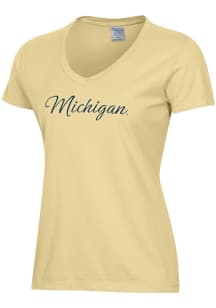 ComfortWash Michigan Wolverines Womens Yellow Script Garment Dyed Short Sleeve T-Shirt