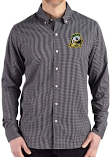 Mens Oregon Ducks Black Cutter and Buck Gingham LS Woven Long Sleeve Dress Shirt