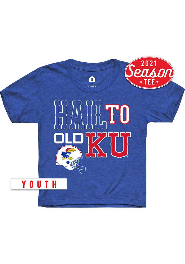 Rally Kansas Jayhawks Youth Blue Football Hail To Old Short Sleeve T-Shirt