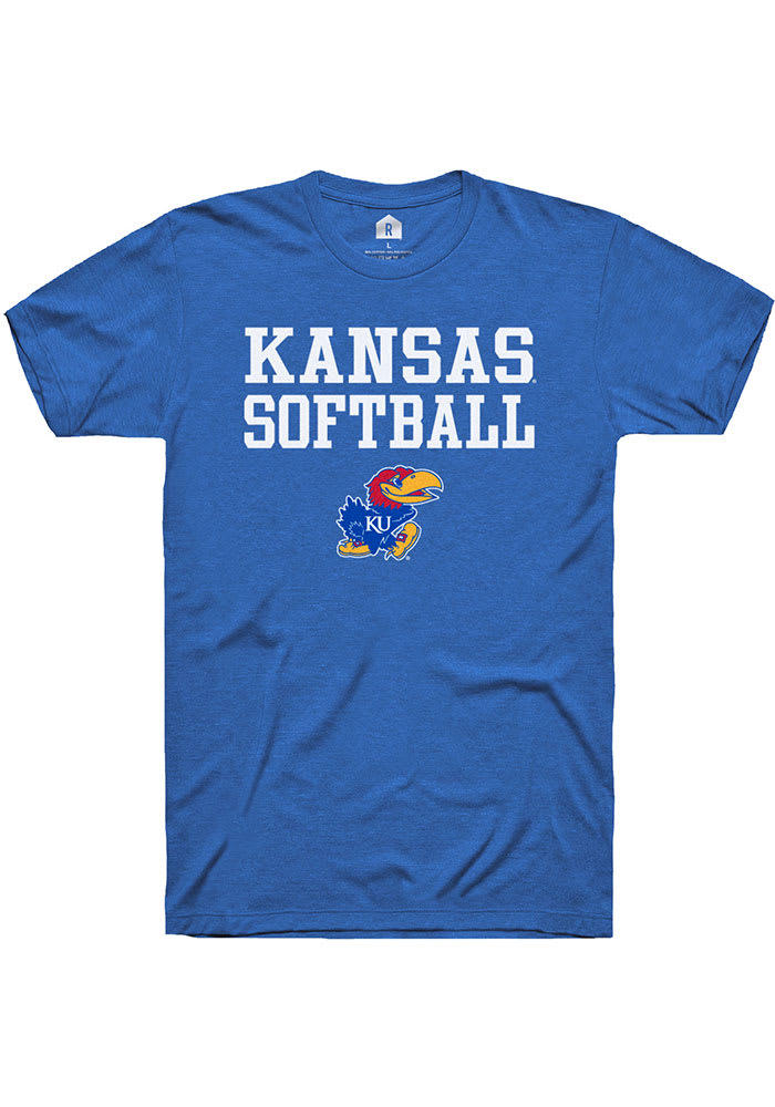 Rally Kansas Jayhawks Blue Softball Stacked Short Sleeve T Shirt