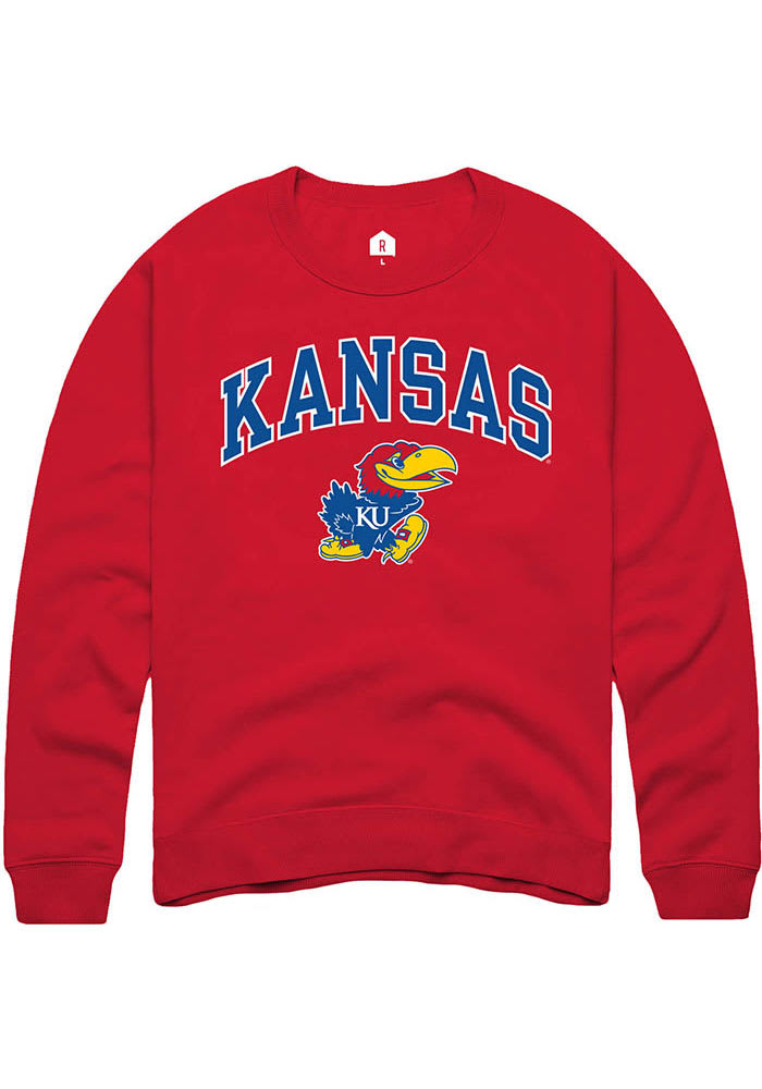 Rally Kansas Jayhawks Mens Red Arch Mascot Long Sleeve Crew Sweatshirt