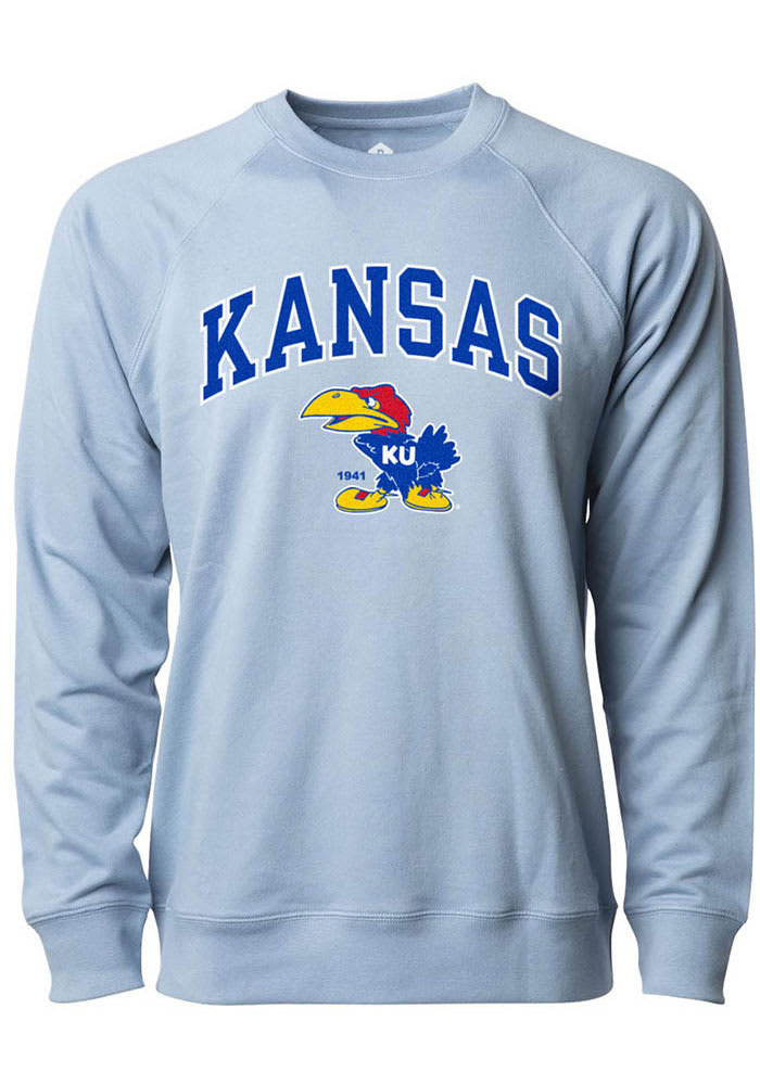 Rally Kansas Jayhawks Mens Light Blue 1941 Arch Mascot Long Sleeve Fashion Sweatshirt