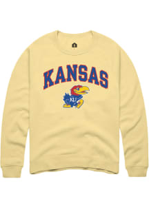 Rally Kansas Jayhawks Mens Yellow Garment Dyed Arch Mascot Long Sleeve Crew Sweatshirt