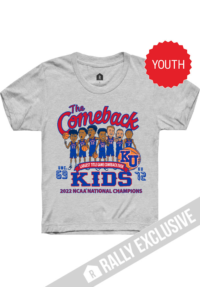 Rally Kansas Jayhawks Youth Grey 2022 National Champions Come Back Caricature Short Sleeve T-Shirt