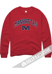 Rally Manhattan High School Indians Mens Red Arch Mascot Long Sleeve Crew Sweatshirt