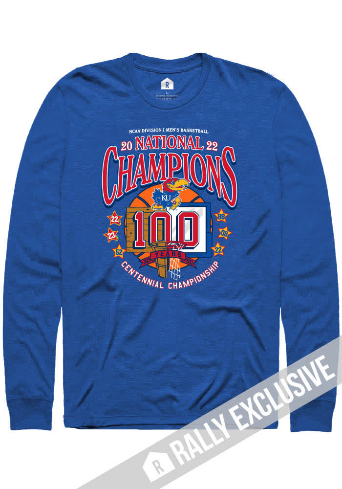Rally Kansas Jayhawks Blue 2022 National Champions Centennial Long Sleeve T Shirt