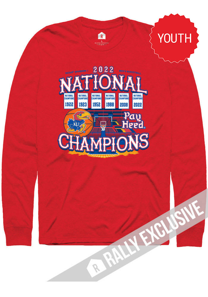 Rally Kansas Jayhawks Youth Red 2022 National Champs Banners Long Sleeve T-Shirt