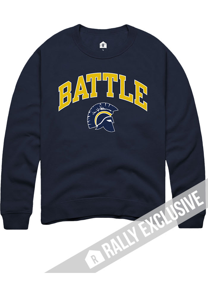 Rally Battle High School Mens Navy Blue Arch Mascot Long Sleeve Crew Sweatshirt