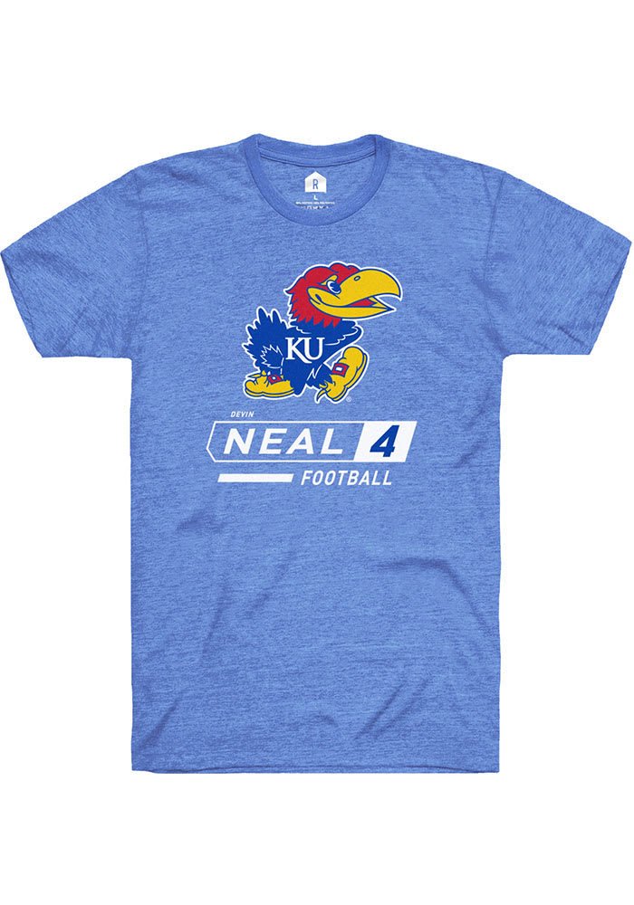 Devin Neal Kansas Jayhawks Blue Football Name and Number Short Sleeve Player T Shirt