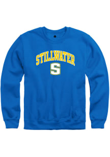 Rally Stillwater High School Pioneers Mens Blue Arch Mascot Long Sleeve Crew Sweatshirt