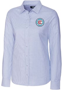 Cutter and Buck Chicago Fire Womens Stretch Oxford Stripe Long Sleeve Light Blue Dress Shirt