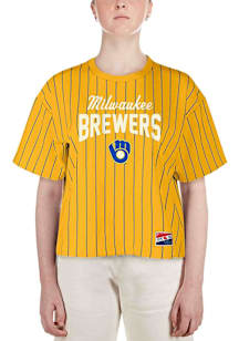 New Era Milwaukee Brewers Womens Yellow Striped Short Sleeve T-Shirt