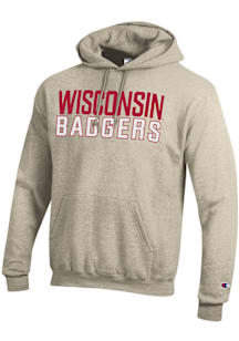 Champion Wisconsin Badgers Mens Oatmeal Powerblend Long Sleeve Hoodie