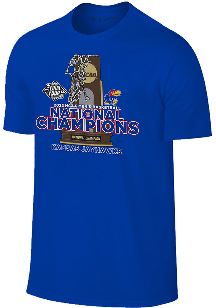 Kansas Jayhawks Blue 2022 National Champions Trophy Short Sleeve Fashion T Shirt