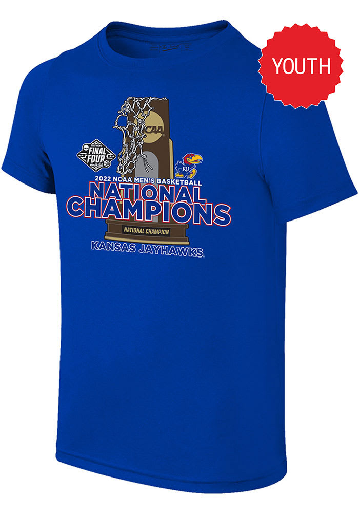 Kansas Jayhawks Youth Blue 2022 National Champions Trophy Short Sleeve T-Shirt