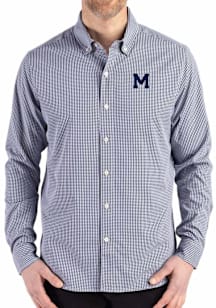 Cutter and Buck Michigan Wolverines Mens Navy Blue Vault Gingham LS Woven Long Sleeve Dress Shirt