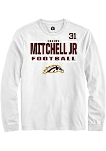 Carlos Mitchell Jr Western Michigan Broncos White Football NIL Stacked Box Long Sleeve Player T Sh..