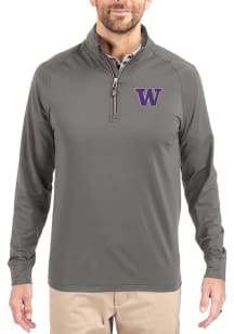 Mens Washington Huskies Graphite Cutter and Buck Adapt Eco Knit Qtr Zip Pullover