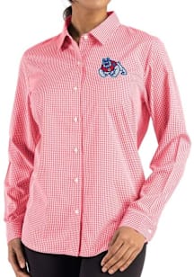 Cutter and Buck Fresno State Bulldogs Womens Epic Confidence Gingham Long Sleeve Red Dress Shirt