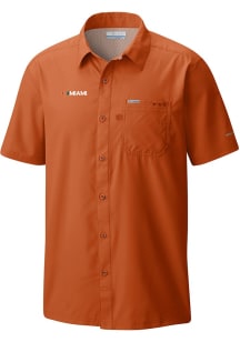 Columbia Miami Hurricanes Mens Orange Heat Seal Slack Tide Camp Short Sleeve Dress Shirt