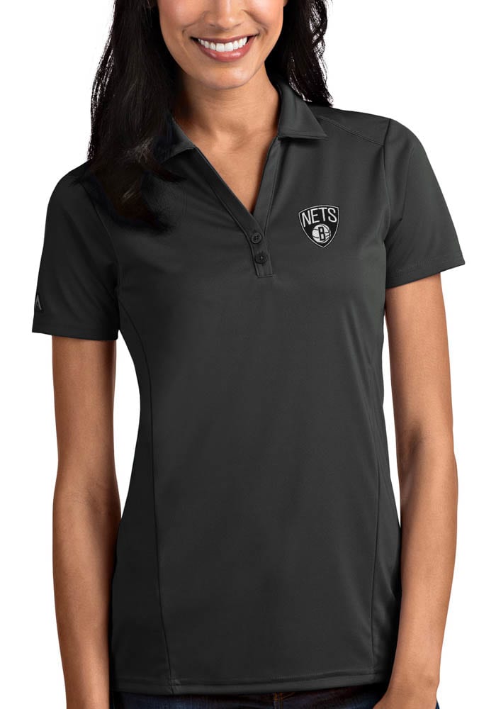 Antigua Brooklyn Nets Womens Grey Tribute Short Sleeve Polo Shirt