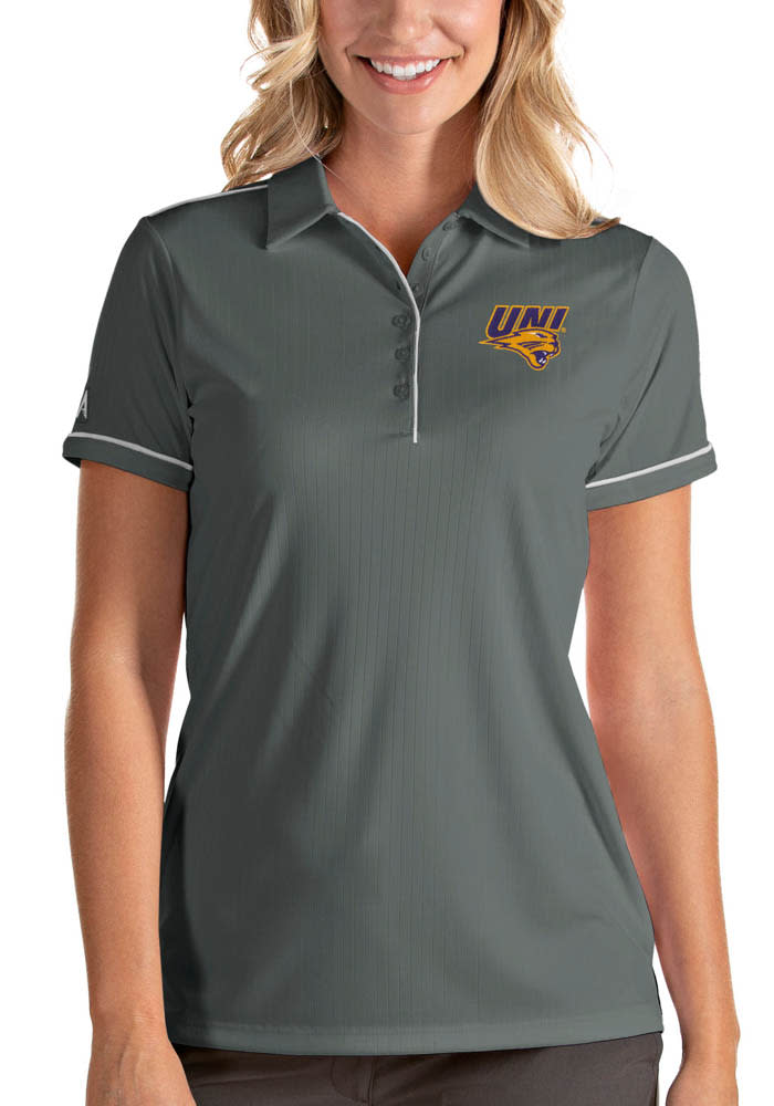 Antigua Northern Iowa Panthers Womens Grey Salute Short Sleeve Polo Shirt
