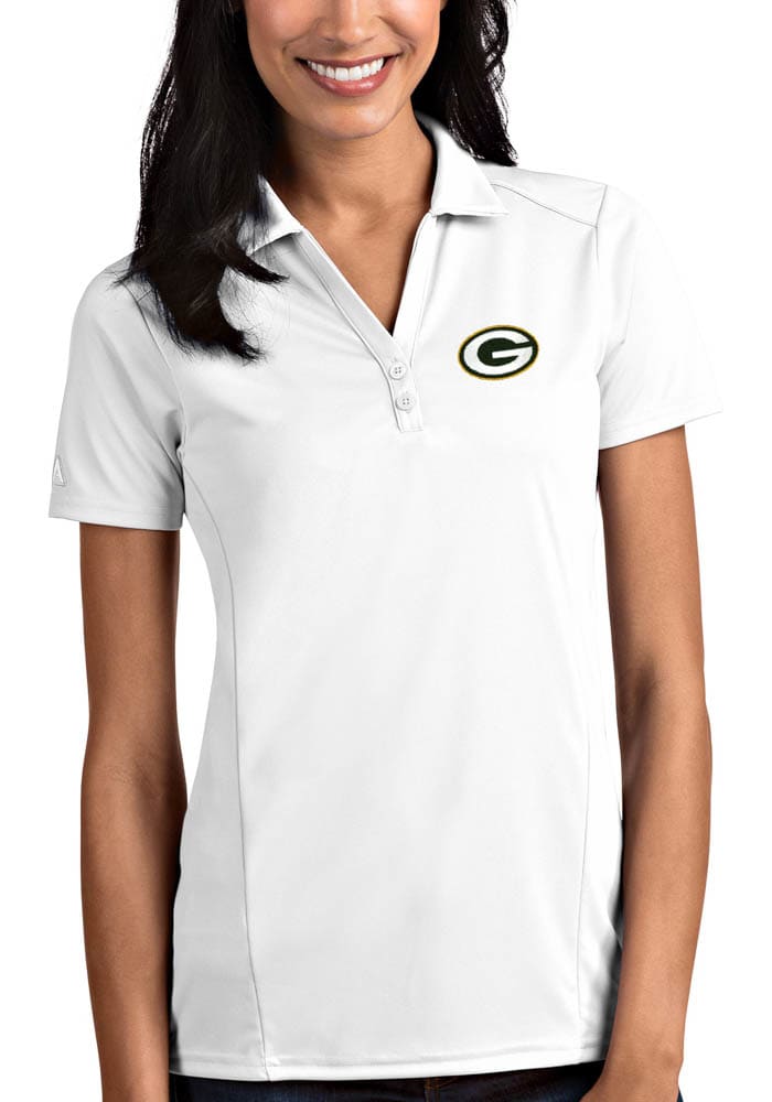 Antigua Green Bay Packers Women's White Metallic Logo Tribute Short Sleeve Polo Shirt, White, 100% POLYESTER, Size L, Rally House