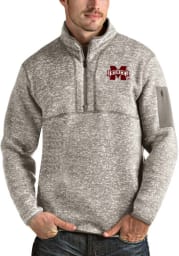 Antigua Mississippi State Bulldogs Mens Oatmeal Fortune Long Sleeve 1/4 Zip Fashion Pullover