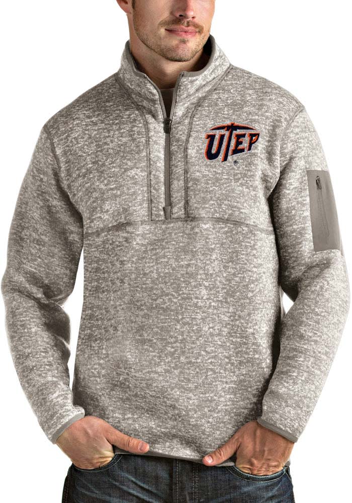 Antigua UTEP Miners Mens Oatmeal Fortune Long Sleeve 1/4 Zip Fashion Pullover