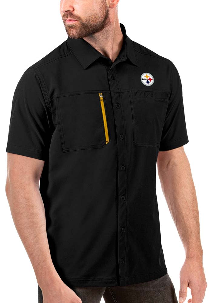 Antigua Pittsburgh Steelers Mens Black Kickoff Short Sleeve Dress Shirt