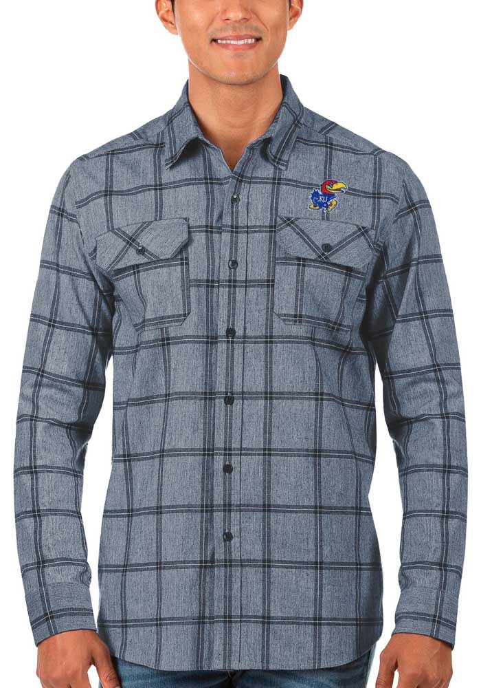 Antigua Kansas Jayhawks Mens Navy Blue Regal Flannel Long Sleeve Dress Shirt