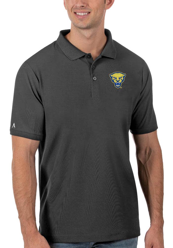 Antigua Pitt Panthers Mens Charcoal Legacy Pique Short Sleeve Polo