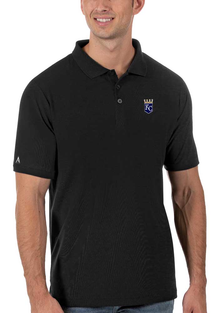 KC ROYALS Antigua Inspire Sz MEDIUM Polo S/S Collared Golf Polo Shirt Black  EUC